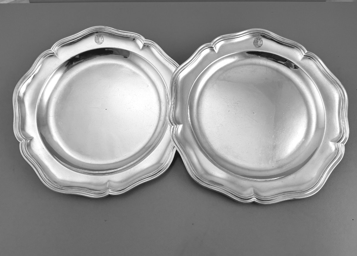 Forestier: Pair Of Sterling Silver Plates Normandie Coat Of Arms Valognes 1771-75-photo-2