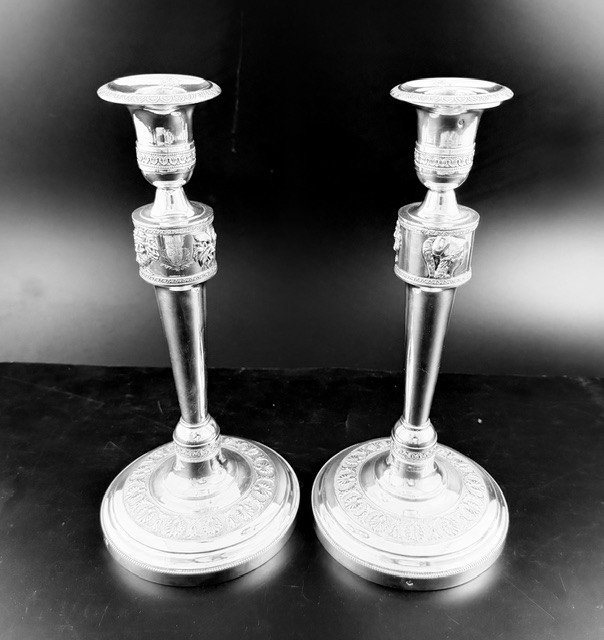 Bibron: Important Pair Of Empire-period Candlesticks Forming Candelabras-photo-2