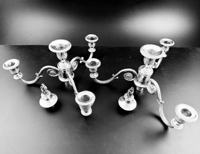 Bibron: Important Pair Of Empire-period Candlesticks Forming Candelabras-photo-3