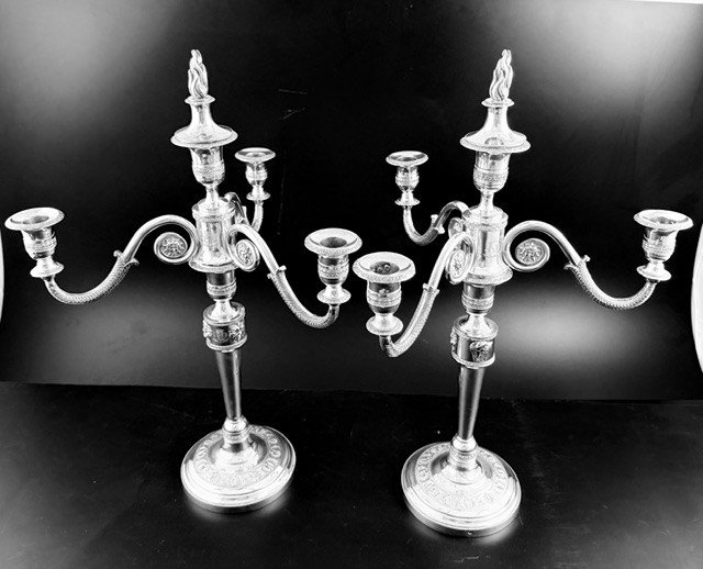 Bibron: Important Pair Of Empire-period Candlesticks Forming Candelabras