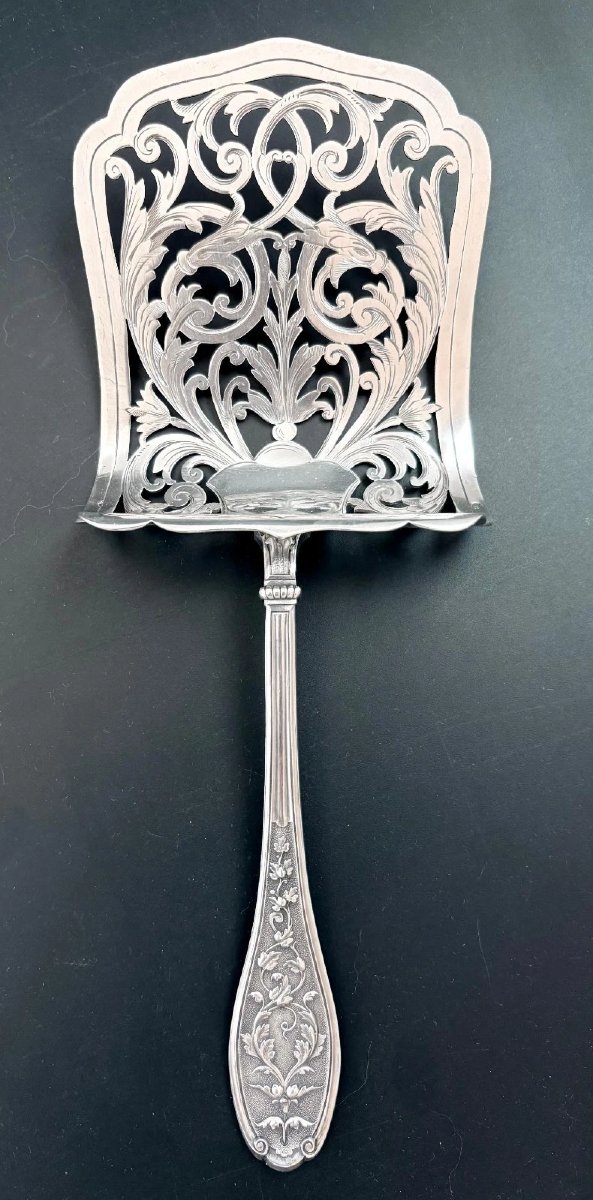 HENIN & VIVIER : Grande Pelle asperges en Argent massif décor MASCARON