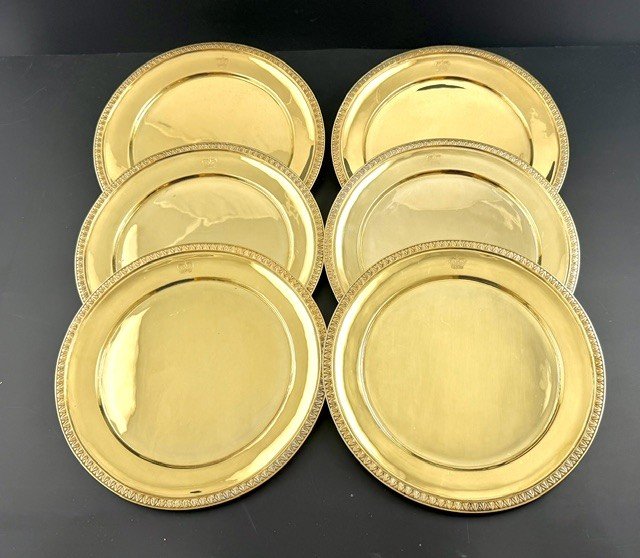 Série de 6 Assiettes en Argent massif Vermeil Couronne Prince + 3,7 kgs
