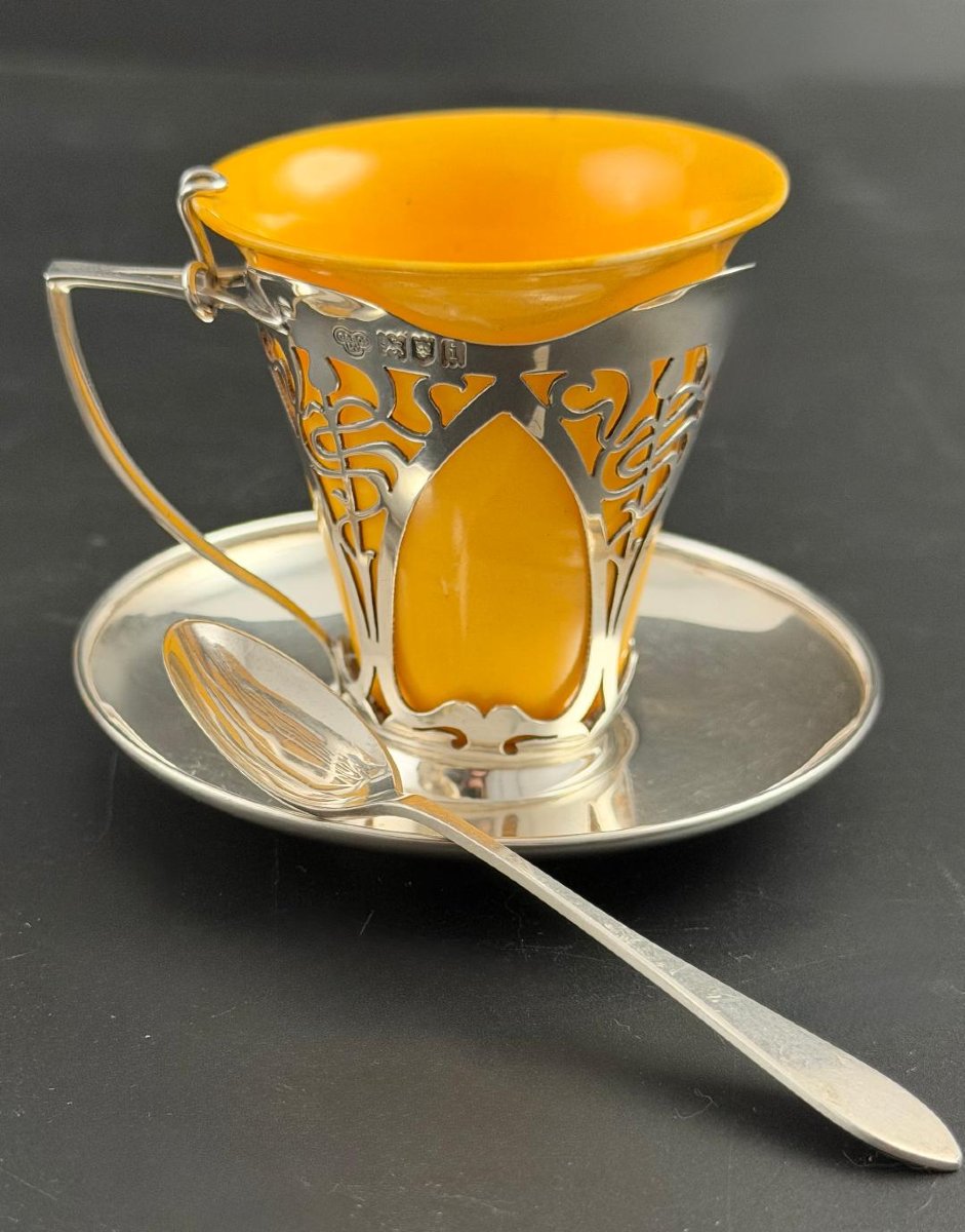 Magnifique Trio de Tasses / Soucoupes en Argent Porcelaine LONDRES 1904-photo-4