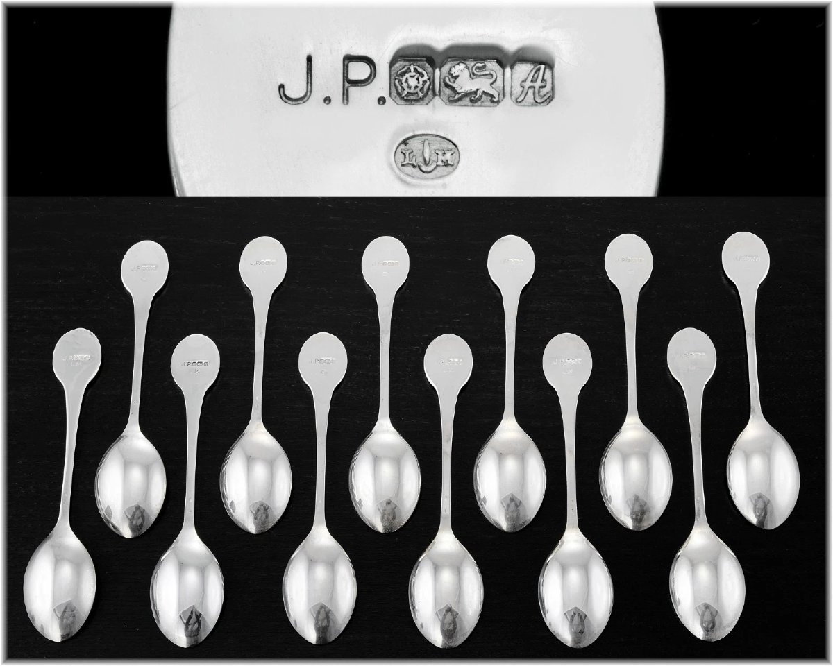Set Of 12 Sterling Silver Spoons With Floral Decoration, In Original Case-photo-2