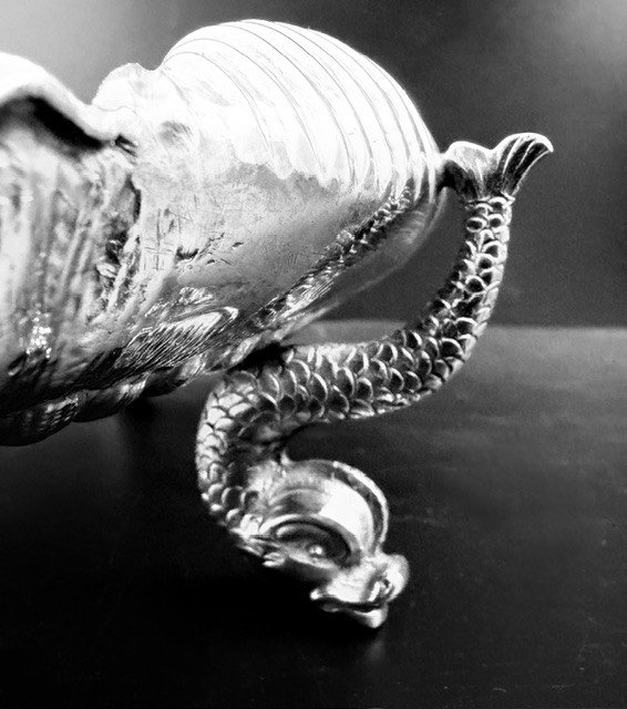 Large Solid Silver Tripod Cup In A Shell Shape With Dolphins-photo-1