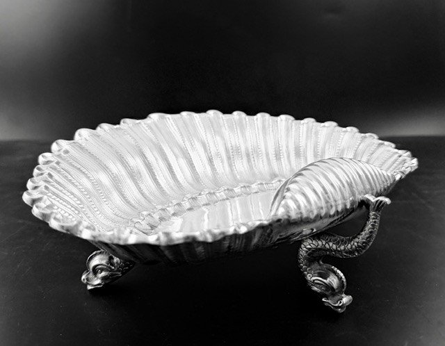 Large Solid Silver Tripod Cup In A Shell Shape With Dolphins