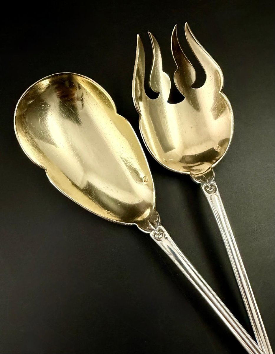 Henri Soufflot: Solid Silver Vermeil Salad Set, "fer De Lance" Model-photo-3