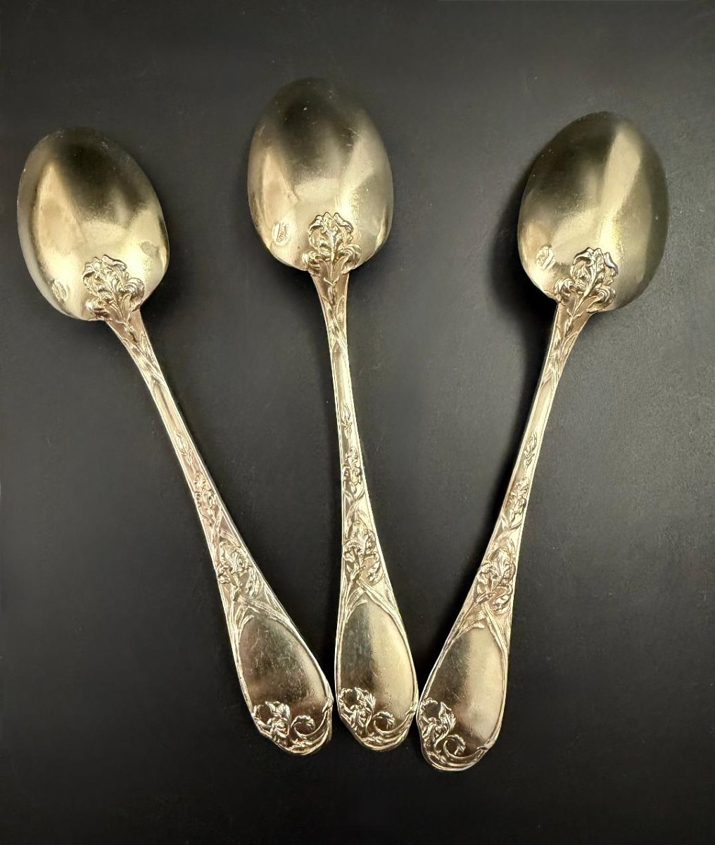 Puiforcat: Set Of 12 Art Nouveau Iris-style Vermeil Silver Teaspoons-photo-2