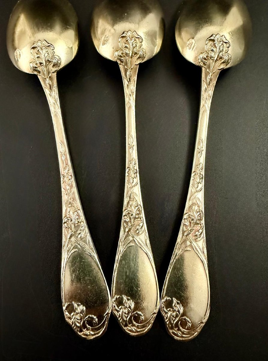 Puiforcat: Set Of 12 Art Nouveau Iris-style Vermeil Silver Teaspoons-photo-3