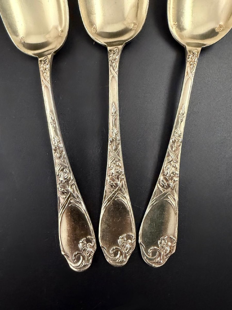 Puiforcat: Set Of 12 Art Nouveau Iris-style Vermeil Silver Teaspoons-photo-4