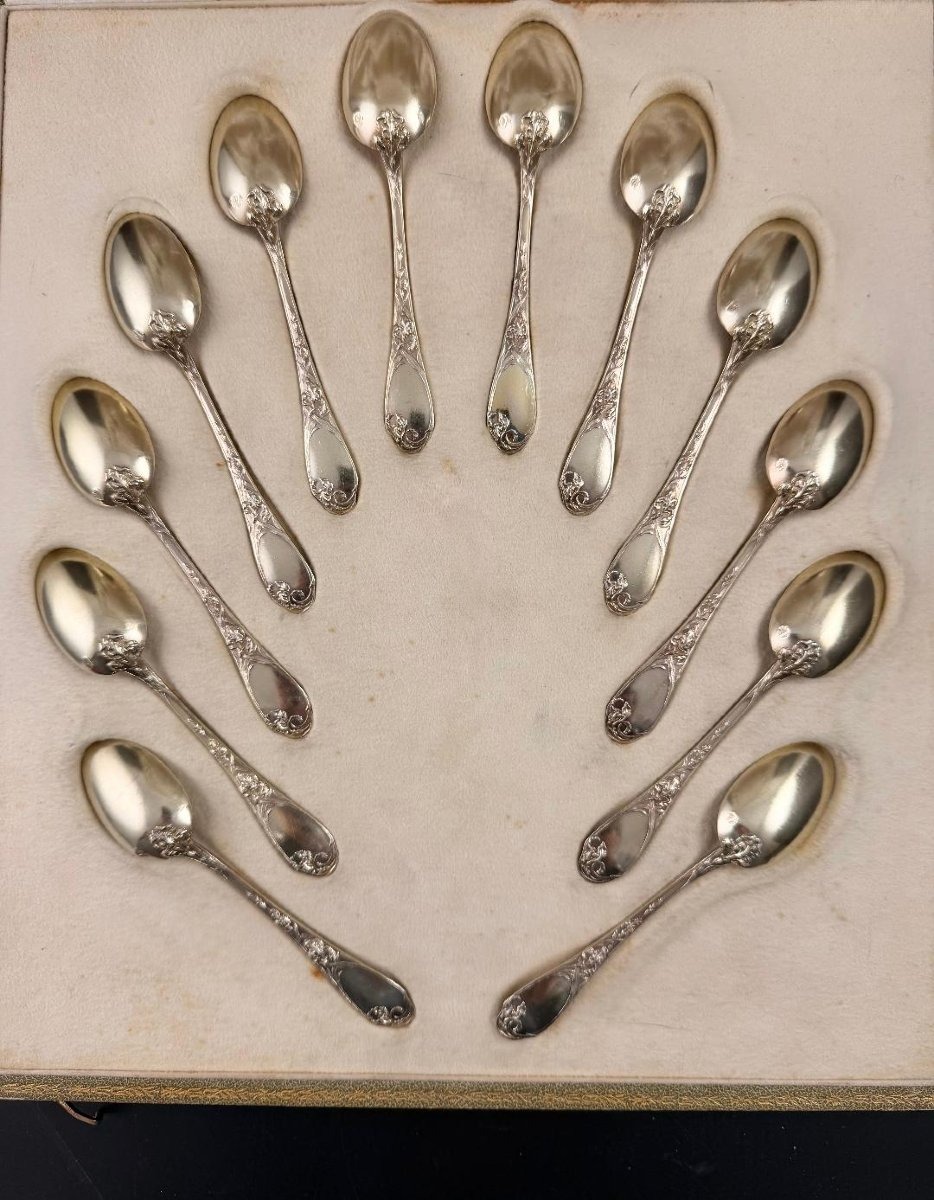 Puiforcat: Set Of 12 Art Nouveau Iris-style Vermeil Silver Teaspoons-photo-2