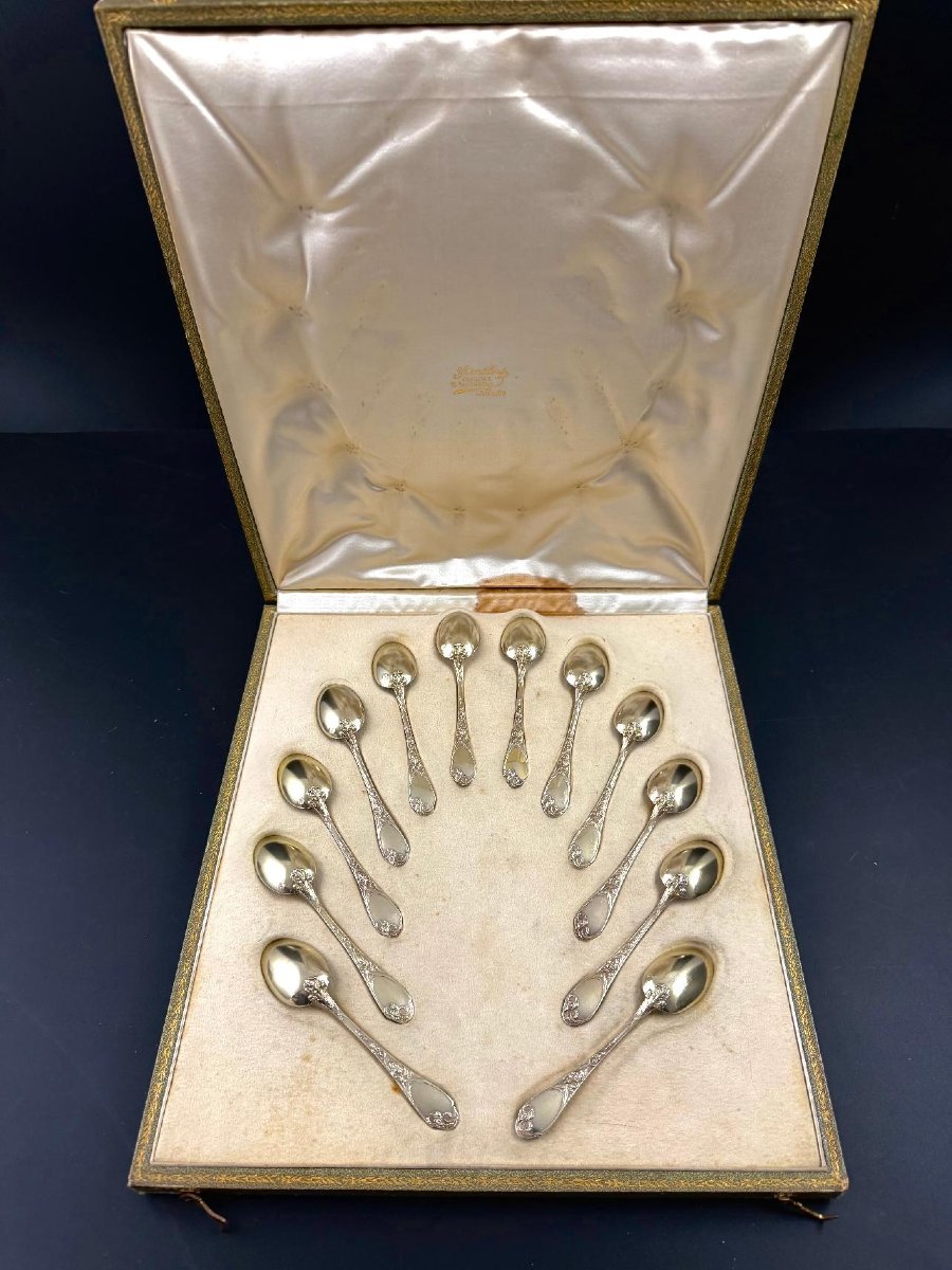 Puiforcat: Set Of 12 Art Nouveau Iris-style Vermeil Silver Teaspoons