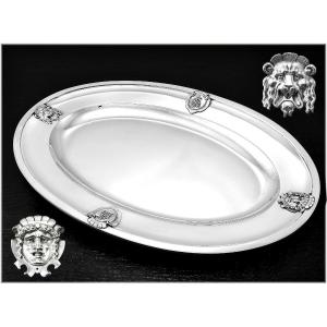 J. Piault : Rare Oval Renaissance Style Sterling Silver Platter / Tray  Mascaron Lion 1324 Grams