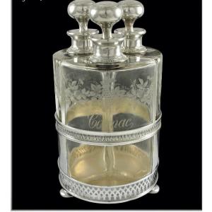 Jules Marie : Antique Louis XVI Style Liqueur / Alcohol Caddy In Sterling Silver, Vermeil & Crystal