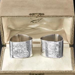 Lambert : Rare Pair Of Napkin Rings In Sterling Silver "fable De La Fontaine"