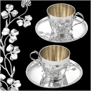 Armand Gross : Paire Tasses / Soucoupes en Argent Massif ép. Art Nouveau c.1900 - décor TREFLES