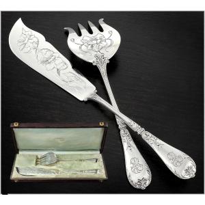 Henri Soufflot : Antique French Sterling Silver Fish Serving Cutlery Set Art Nouveau Era