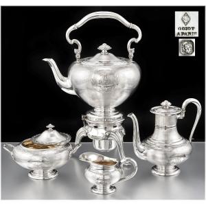 Gustave Odiot : Antique Sterling Silver Tea  Coffee & Kettle On Stand Set Napoleon III Era