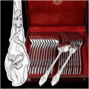 Ravinet & Denfert : Rare Large Art Nouveau Sterling Silver Flatware Set - Iris Pattern