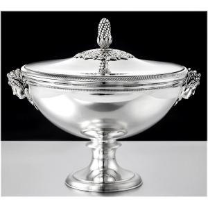 Puiforcat : Empire Style Tureen In Sterling Silver -  Mascaron Handles