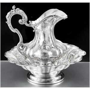 Antique Large Ewer And Its Basin In Sterling Silver - Bacchante Handle