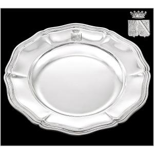 ODIOT Gustave : Grand Plat rond creux en Argent massif - ARMOIRIES Couronne Baron