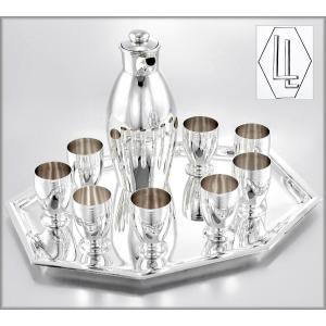 Ravinet d'Enfert : Rare Art Deco Sterling Silver Cocktail Service - Shaker, Tray, Glasses
