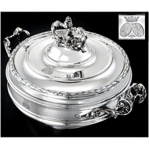 Odiot : Large Covered Vegetable Tureen In Sterling Silver - Coat Of Arms Marquis Crown