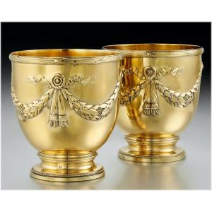 Risler & Carre: Pair Of Wine Coolers / Cache Pots In Vermeil Sterling Silver 