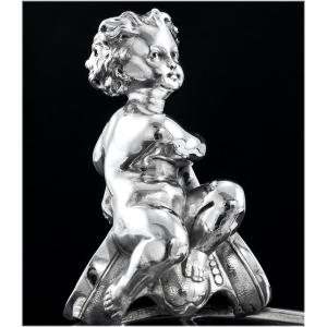 HUNT & ROSKELL :  Rare Panier / Présentoir en Argent massif Cristal Gravé Londres 1873 - PUTTO