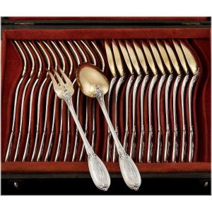 Louis Coignet : Dessert Flatware Set In Sterling Silver And Vermeil For 12 Guests C. 1900