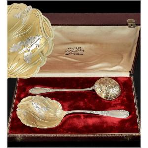 Puiforcat : Art Nouveau Vermeil Sterling Silver Strawberry Serving Set - Iris Pattern 