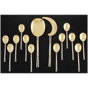 Puiforcat : Rare Sterling Silver And Vermeil Ice Cream Service - Japonisme Naturalist Decor