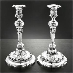 VANCOMBERT : Rare Paire de Flambeaux Argent massif ép. Louis XVI PARIS 1784
