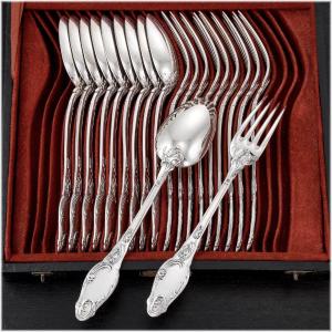Henri Lapparra : Sterling Silver Art Nouveau Flatware Set Poppies