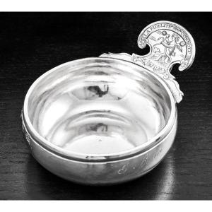 LAMOUREUX : Rare Taste-vin en Argent massif ROUEN 1777 "La Fidélité Me Conduit"