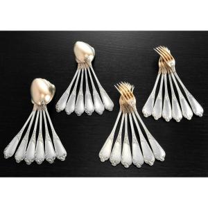 HENIN & COMPERE : Ménagère / Service à Desserts en Argent massif Vermeil 24pcs