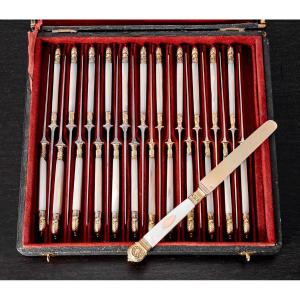  Mericant: 14pc Mother-of-pearl Knife Set, Solid Silver Vermeil, Gold, Charles X Era