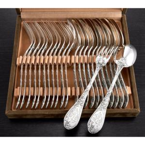 Puiforcat : Art Nouveau Sterling Silver Flatware Set Iris Pattern 25 Pieces