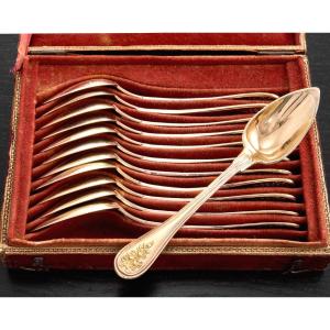 Hyon: Boxed Set Of 12 Small Spoons In Sterling Silver Vermeil Vieillard 