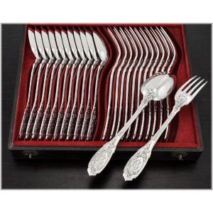 Puiforcat : 24 Piece Sterling Silver Flatware Set Art Nouveau Era -  Moderne Foliage Pattern