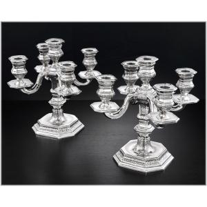 TETARD : Paire de Candélabres en Argent massif de Style Régence décor "à la Bérain"