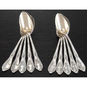 BOULENGER : Cuillères à Thé / Dessert en Argent massif Vermeil Art Nouveau CHARDONS