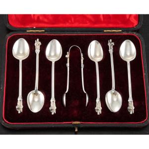 Service à Thé en Argent massif 6 Cuillères + Pince à Sucre décor Apôtres - Coffret d'Origine