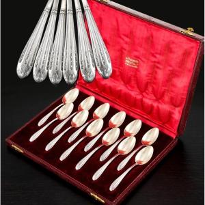 LEVERRIER : Service de 12 Cuillères en Argent massif Vermeil Coffret ART NOUVEAU