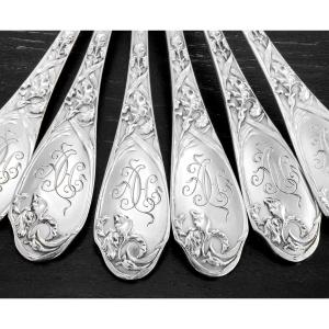 PUIFORCAT : Service de 12 Cuillères à Dessert en Argent massif Art Nouveau mod. IRIS