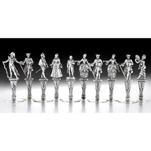 Ernest ESCHWEGE : Service de 10 Porte-Noms en Argent massif "Elégantes du XVIII°"