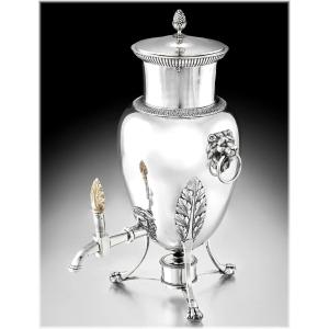 Marc Augustin Lebrun : French Empire Era Sterling Silver Tea Fountain / Samovar - Lion Mascaron