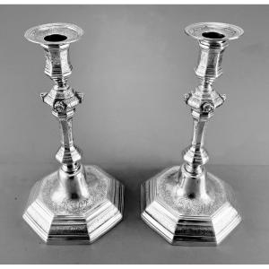 SIBERT : Paire de Flambeaux en Argent massif AIX 1746 décor Mascarons ARMOIRIES