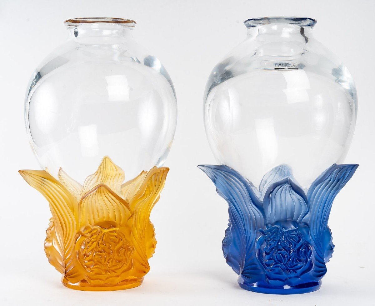 Maison Lalique, Pair Of "orthensia" Vase, -photo-1